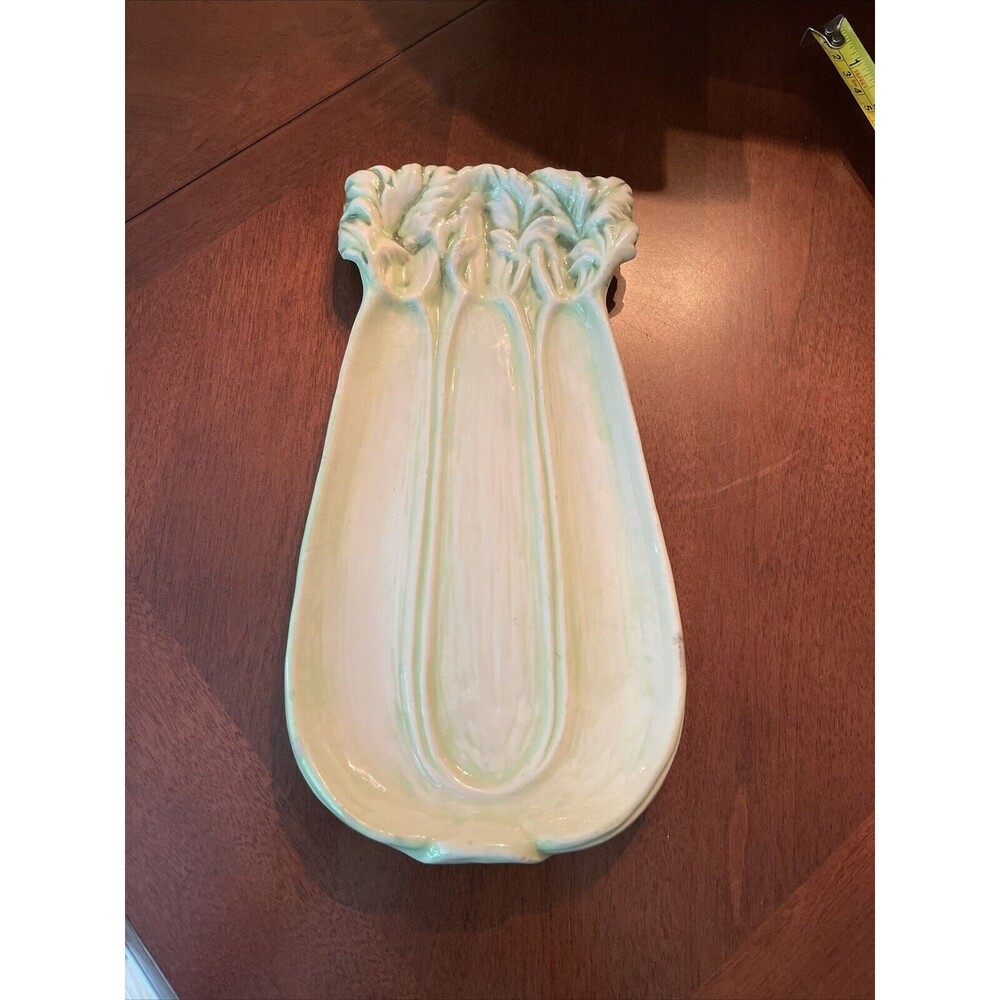 Green Celery Plate Platter Spoon Rest Ceramic 1975 Duncan Servingware Hobbyist